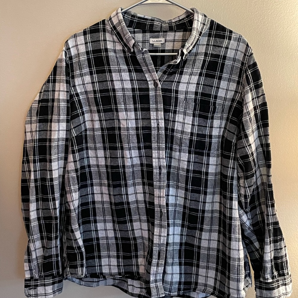 LL Bean 1X Blue White Buffalo Plaid Flannel Shirt